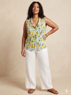 *Flawed* For Cynthia Linen-Blend Sleeveless Lemon-Print Button-Down Blouse L